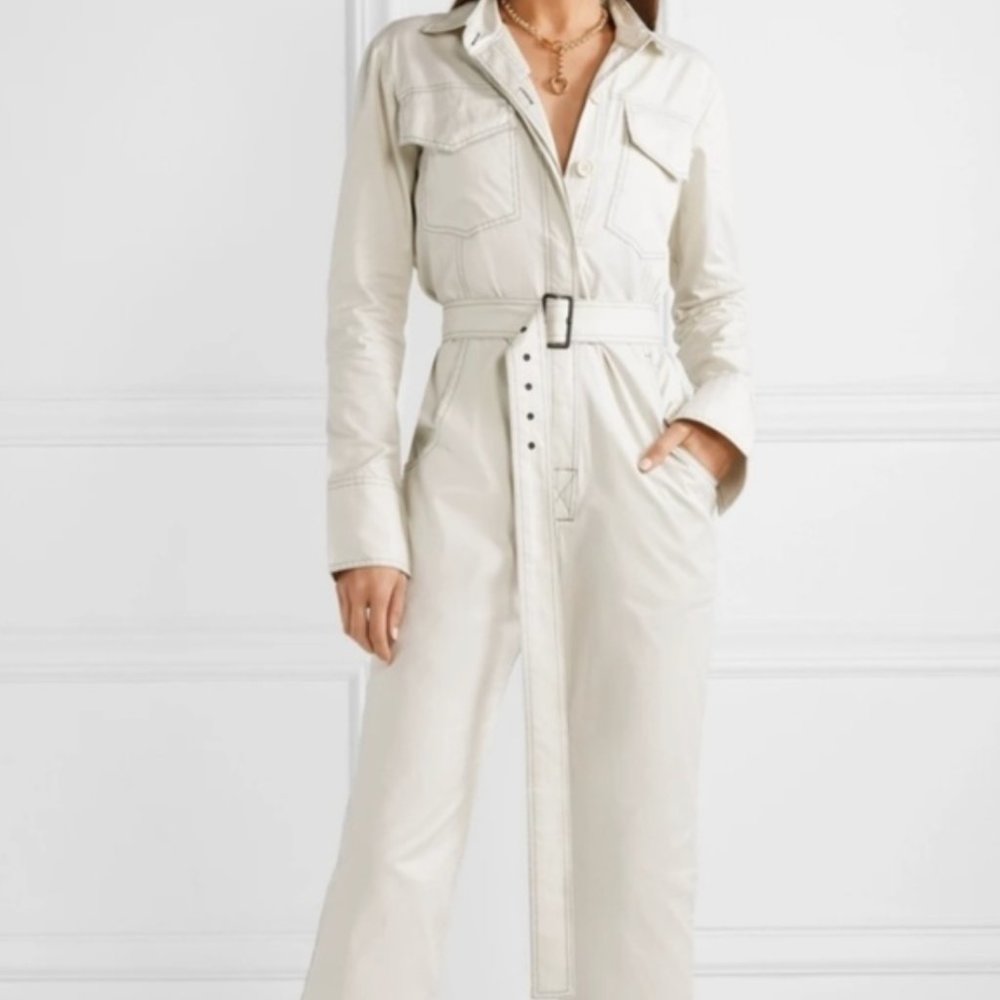 Orseund Iris Beige Cotton Belted Jumpsuit Workwear Boiler Pant Long Sleeve Small